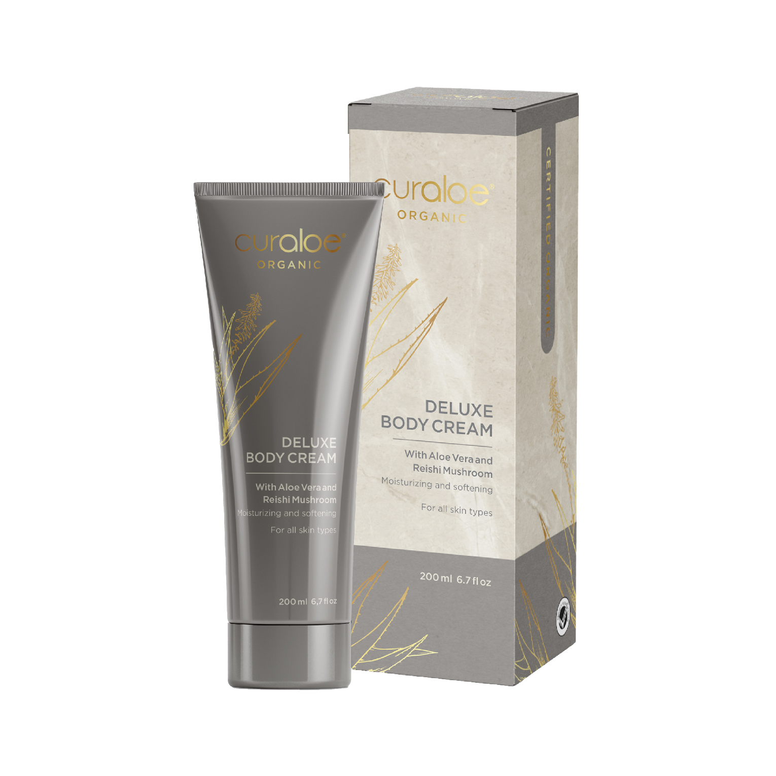 DeluxeBodyCream_organic_1500x1500_BOX Deluxe Body Cream 200ml met 67% Aloë Vera en Reishi Paddenstoel - Afbeelding 1