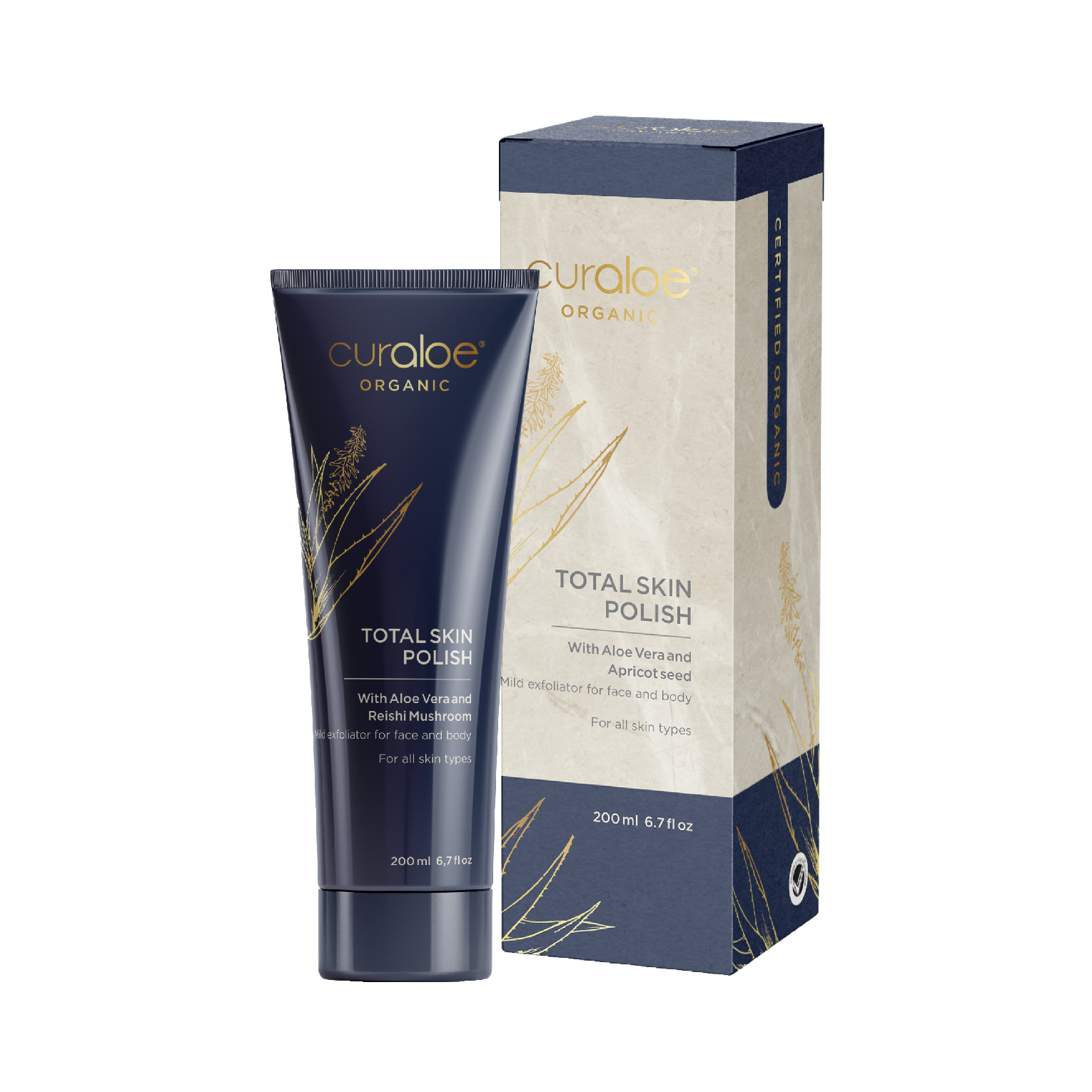 TotalSkinPolish_organic_1500x1500-BOX Total Skin Polish Exfoliator 100ml met 83% Aloë Vera en Abrikozenpitpoeder - Afbeelding 1
